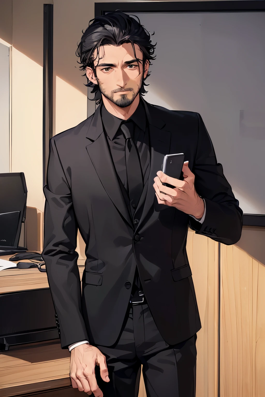 ((best quality)), ((masterpiece)), ((detailed)), (((perfect faces))), (((40yo attractive man in black suit, black shirt))), (((blank expression))), (((black hair))), (((stubble))), (((standing behind desk))), (((wall in background)))
