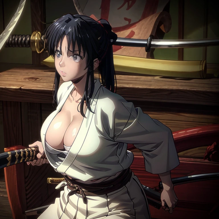 beautiful girl、Camel Toe、Giant tit、Nipple Puffs、Cleavage、Plump、Super big breasts、Super big butt、Rurouni Kenshin、Japanese sword、Draw your sword、Silver Hair、samurai、Swordsman、Haori、Hakama