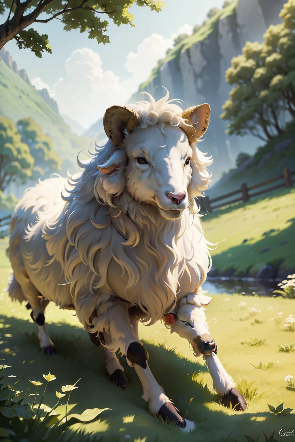 A contented sheep, with its shaggy coat glowing in the sunlight, gracefully bends its head to nibble on a patch of lush, verdant grass. The gentle rustling of the leaves and the soft crunching of the blades add to the serene atmosphere, as the peaceful scene unfolds in the picturesque pasture.
