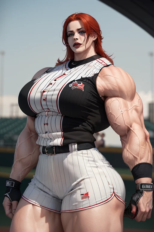 (((((Massive, tall, beautiful, pale white skinned, buff, muscular woman with red hair, black lipstick, ginormous bulky muscles and wearing a black and white stripe baseball jersey with shorts))))), (close view), (massive muscles), massive biceps, hyper muscle shoulders, vascular shoulders, hyper muscle triceps, (long hair), yellow eyes, (wristbands), choker, sneakers, (in a baseball field), confident smirk, night, hyper vascular arm, hyper muscles arms, hyper muscle legs, massive arms.