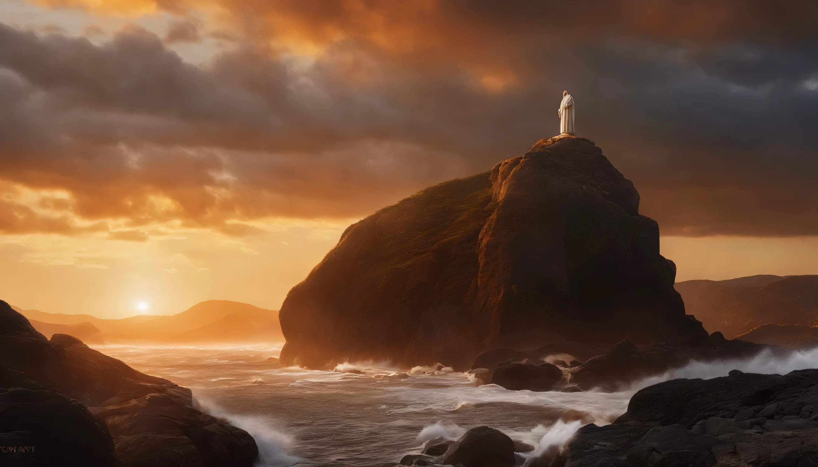 In the foreground, a giant man, with a well-defined face, long hair and white beard, wearing clothes from the first century BC. He stands tall, with arms outstretched, hands perfect, without blemish, symbolizing the Lord's dominion over the earth and all its inhabitants. The man is placed on a rocky outcrop, with waves crashing at the base, signifying the seas. A beautifully intricate river flows around the base of the rock, representing the establishment of the world on rivers. The sky is a bright mix of oranges and reds, creating a dramatic sunset ambience. 8k rendering, photo realistic, cinematic, no defects, no anomalies.