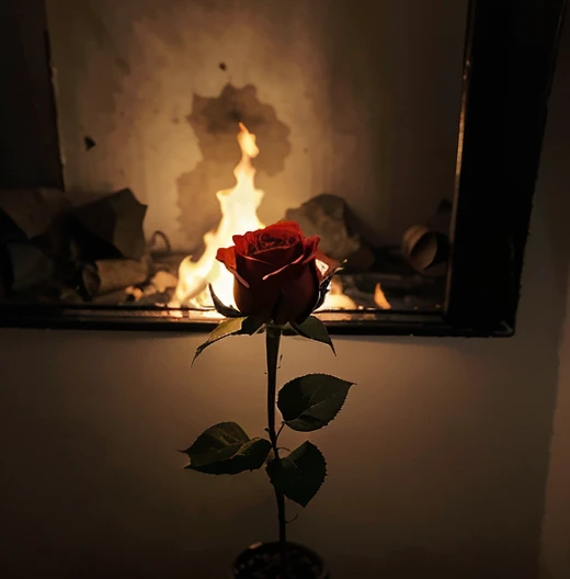 PERFECT PICTURE OF A ROSE IN A DARK ROOM ON FIRE