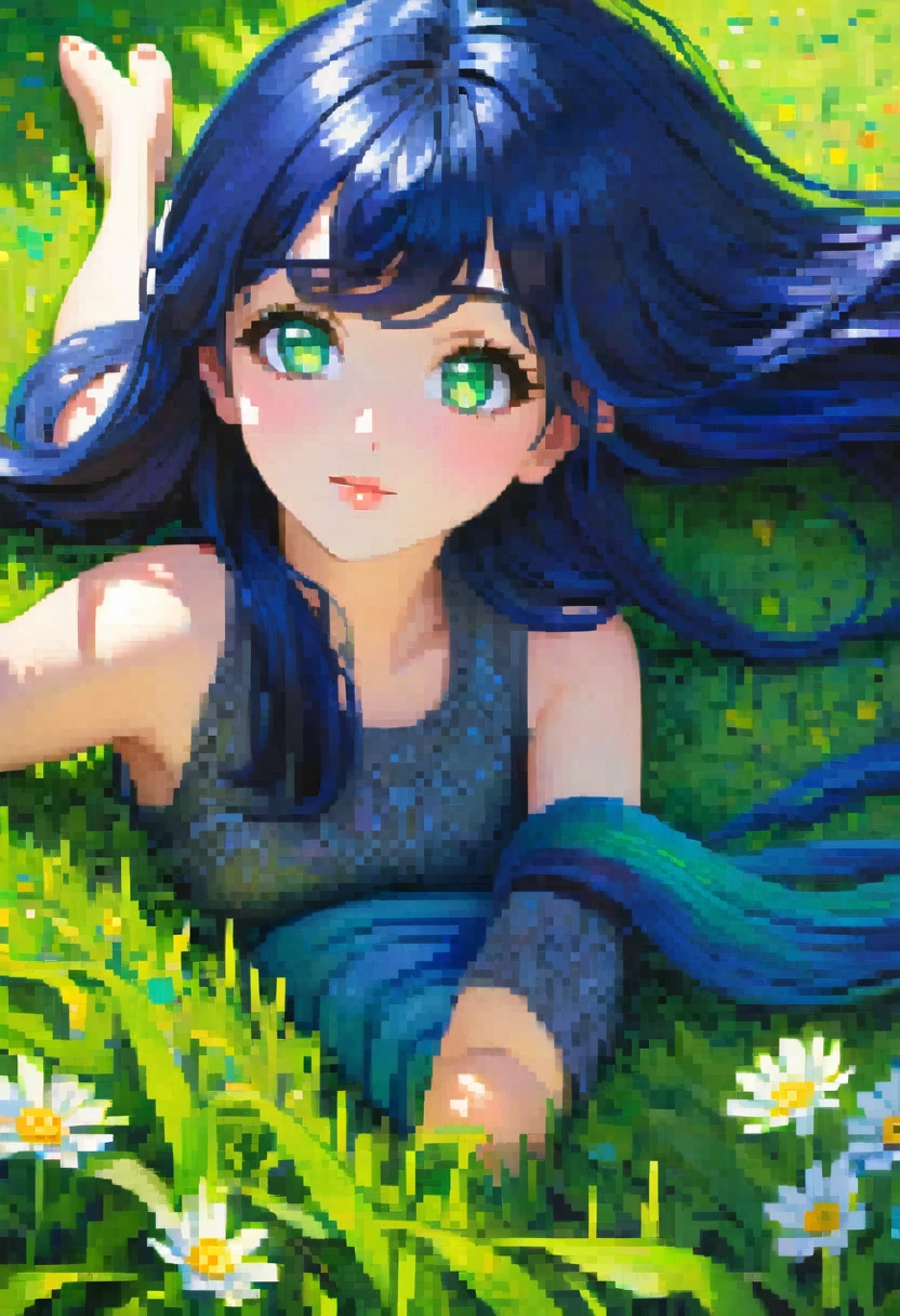 (highres, ultra-detailed, realistic),portraits,dark blue straight hair,green eyes,,lying on the grass,peaceful background,oil painting,vibrant colors,soft natural lighting