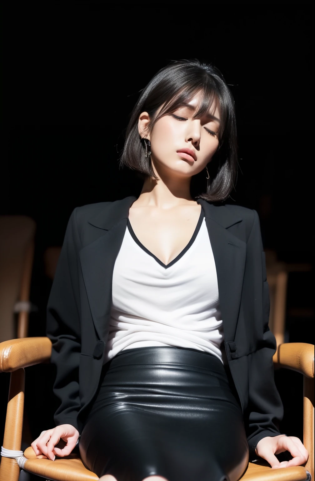 High resolution、Photorealistic、Hyperrealism、Slender body、Realistic、Beautiful Japanese Women、Black-haired、Bob Hair、bangs、Detailed face、Detailed lips、Beautiful Eyes、Glowing Skin、one person、Ideal beauty、Big Breasts、(The backdrop seen by the audience on stage at the show)、((((Sit on a chair, Look down, Close ~ eyes, sleep, Unconsciououth slightly open、Legs open、Clothing)))), ((((Black pencil skirt, Black Business Jacket, White lightweight V-neck T-shirt)))), ((Cowboy Shot, From below))