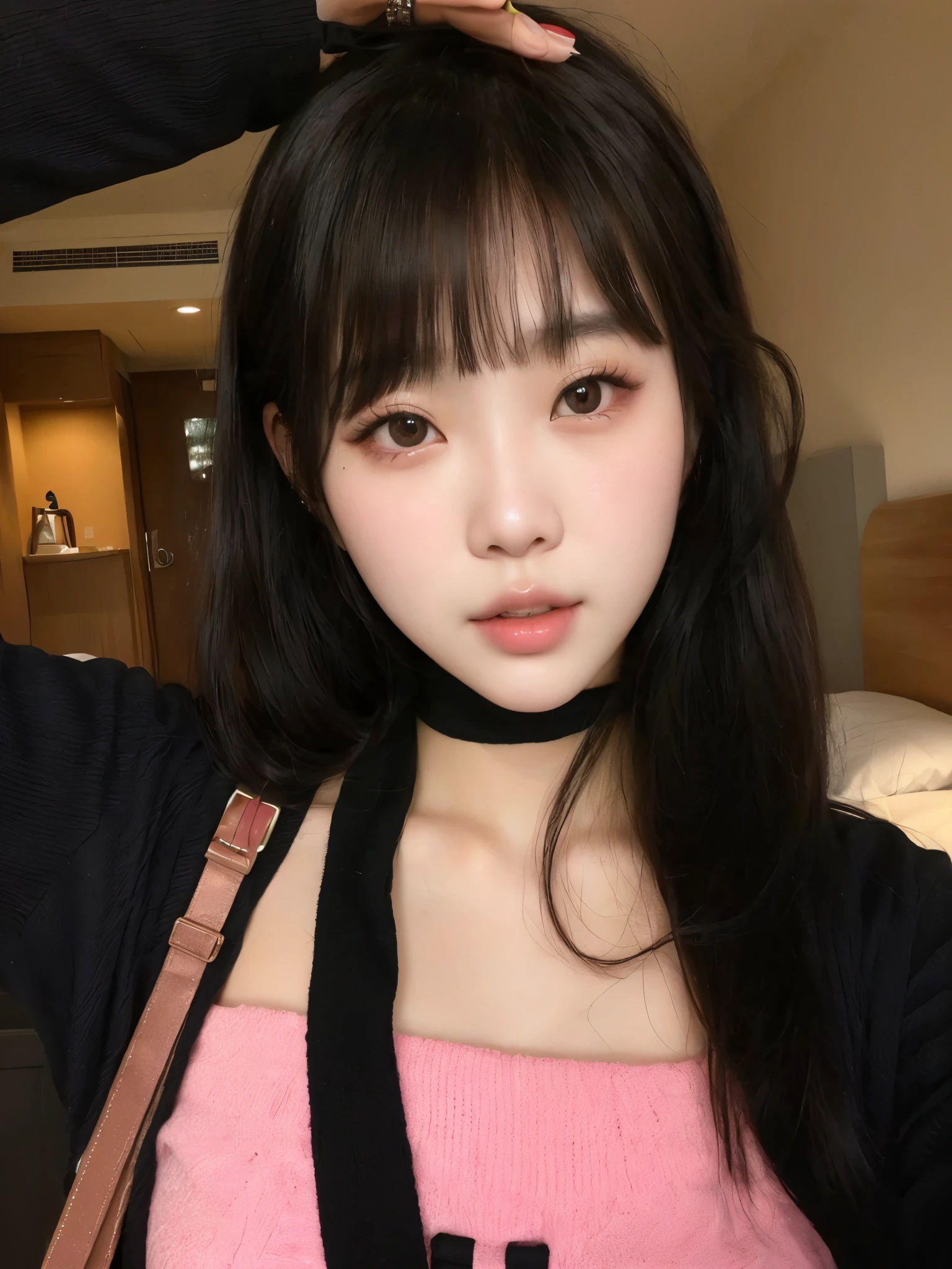 un primer plano de una mujer con una camisa rosa y corbata negra, ulzzang, joven y adorable rostro coreano, muchacha coreana, chica linda-cara-fina, hermosa mujer surcoreana, hermosa joven coreana, hermosa joven coreana, korean symmetrical face, Young cute pale asian face, rasgos de la cara coreana, hermosa cara de chicas japonesas, pale korean adorable face