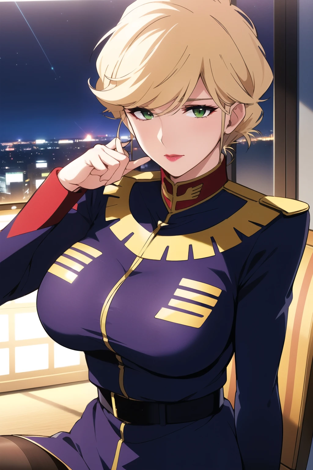 (night:1.7), Japan, Tokyo, City View, In front of the window,
army_uniform,pantyhose, a uniform with gold trims and a collar,shirt,belt,
Gold hair,green eyes ,lipstick, front hair,hair_good,
1 girl, 20 years,young woman,beautiful Finger,beautiful long legs,Beautiful body,beautiful Nose,beautiful character design, Perfect Eyes, perfect face,Expressive eyes,
View your viewers,
Official Art,Very detailed CG unity 8k wallpaper,Perfect lighting,colorful, bright_front_face_Lighting,
(masterpiece:1.0),(Highest_quality:1.0), ultra High resolution,4K,Very detailed,
photograph, 8k, High resolution, High resolution, Absurd:1.2, Kodak Portrait 400, Film Grain, Blurred Background, Bokeh:1.2, Lens flare, (Vibrant_color:1.2)
, (beautiful_face:1.5),(narrow_Waist),