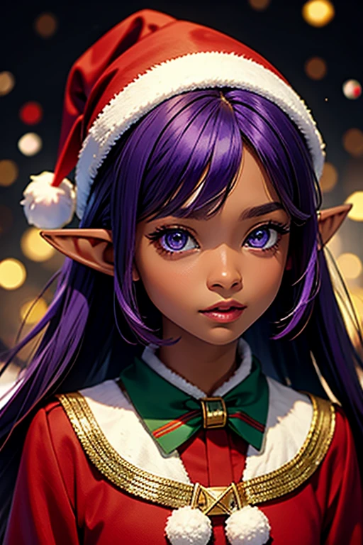 (masterpiece), best quality, expressive eyes, perfect face, elf, Christmas clothes, Christmas background, dark skin,purple hair