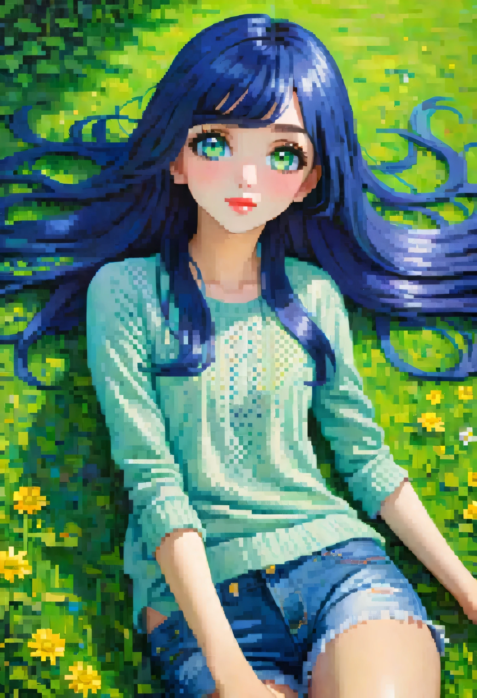 (highres, ultra-detailed, realistic),portraits,dark blue straight hair,green eyes,,lying on the grass,peaceful background,oil painting,vibrant colors,soft natural lighting