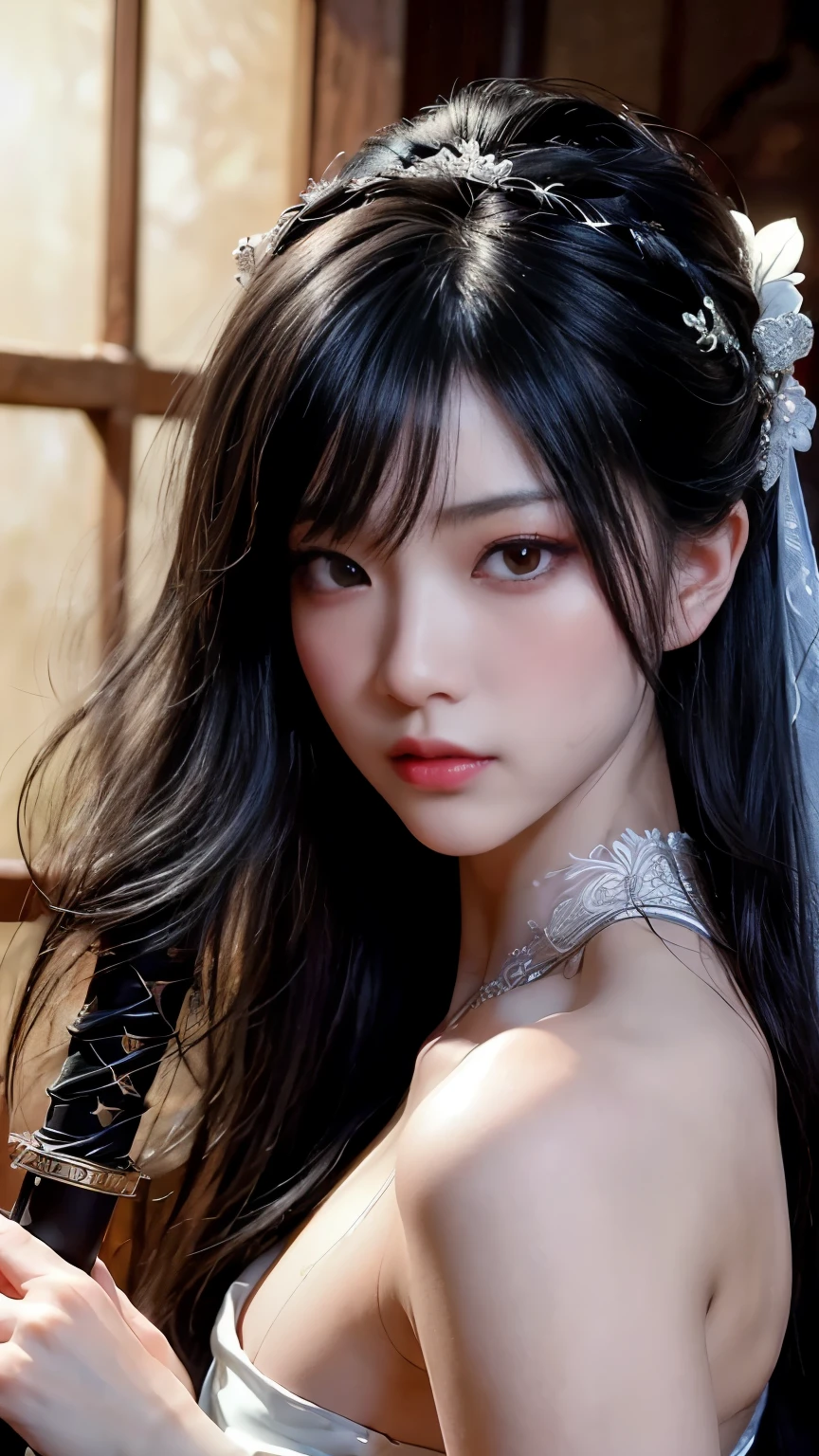 (Best image quality), (masterpiece), (Vibrant, Photo realistic, Realistic, dramatic, dark, Sharp focus, 8k), beautiful, Highly detailed face and skin texture, sexy wedding dress, Heavenly beauty, Mature Asian Woman,Long black hair, Compensate, Browsing Caution ,Close-up shot, ((Backlight)), Holding the Sword, Samurai Wedding