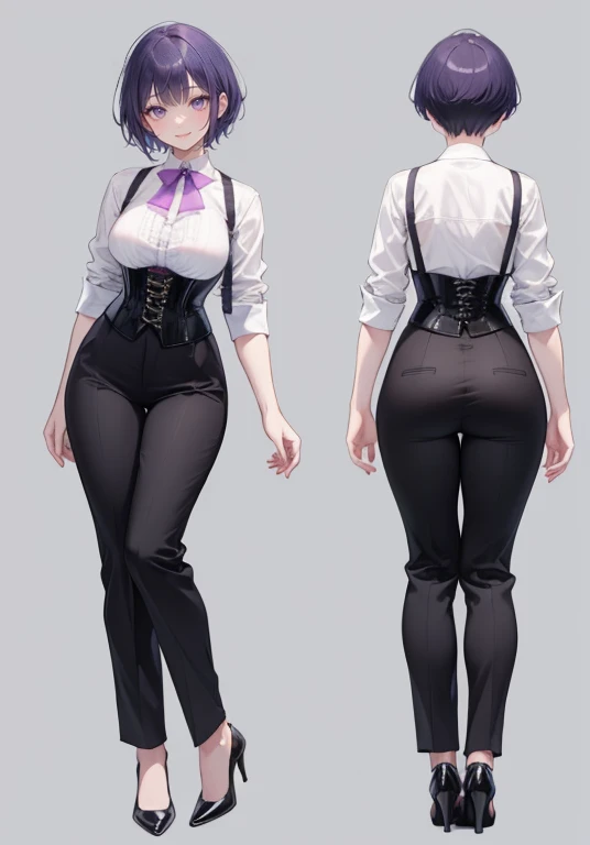 Purple hair,short cut hair,Adult female,Bartender,((Body )),((Rolling up your sleeves shirt)),(Corset),(slacks),High heels,((Simple background)),Smile,((Full body)),((whole body)),Character Sheet,