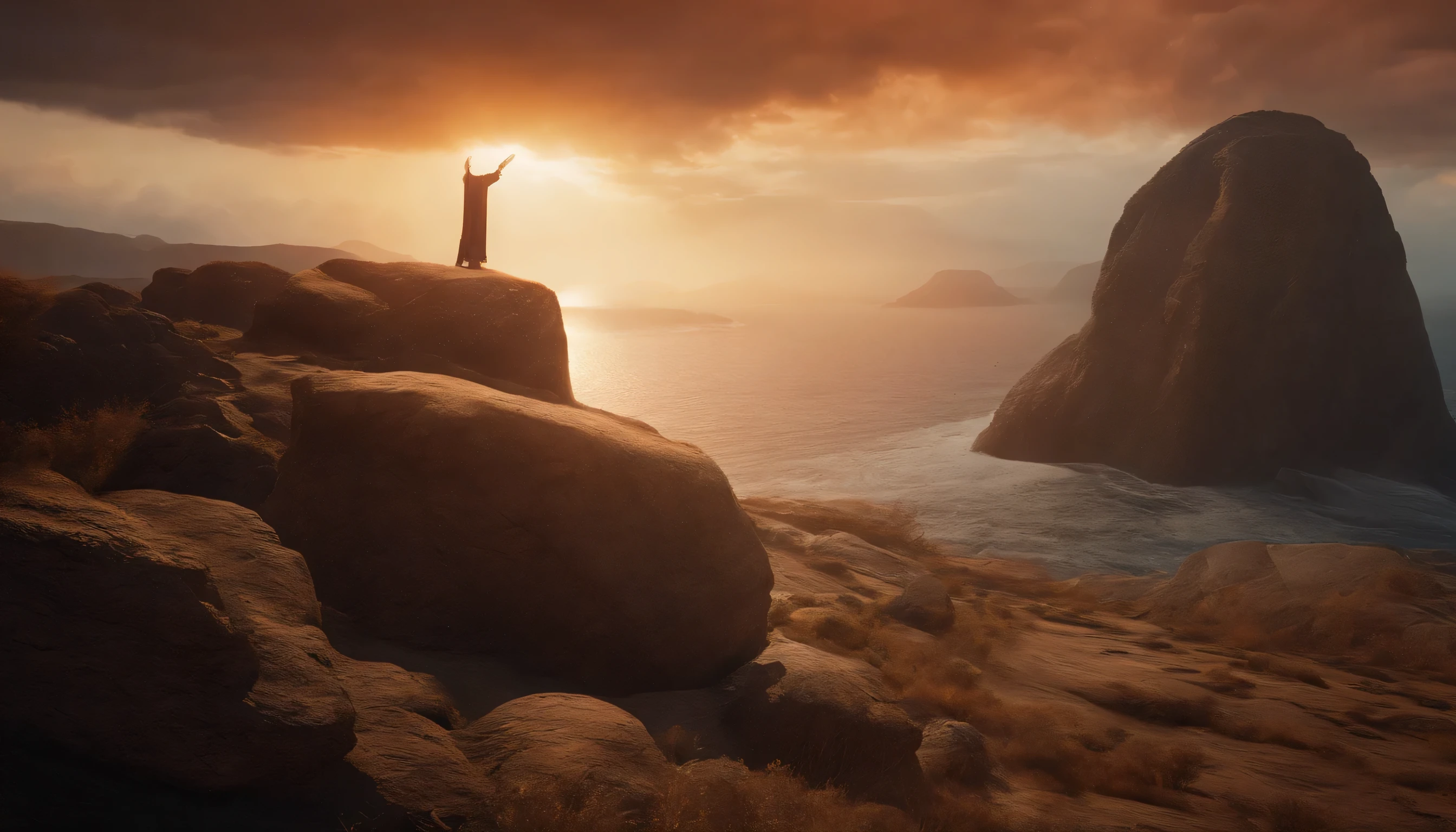 In the foreground, a giant man, with a well-defined face, long hair and white beard, wearing clothes from the first century BC. He stands tall, with arms outstretched, hands perfect, without blemish, symbolizing the Lord's dominion over the earth and all its inhabitants. The man is placed on a rocky outcrop, with waves crashing at the base, signifying the seas. A beautifully intricate river flows around the base of the rock, representing the establishment of the world on rivers. The sky is a bright mix of oranges and reds, creating a dramatic sunset ambience. 8k rendering, photo realistic, cinematic, no defects, no anomalies.