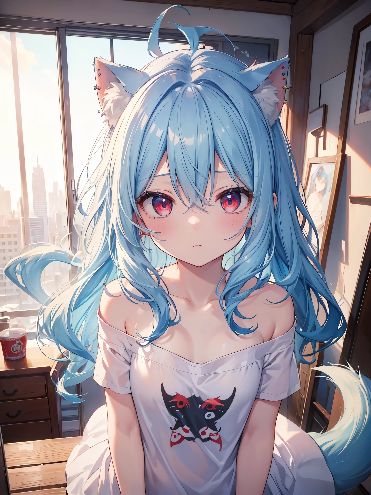 (8k、Best image quality、highest quality、masterpiece)、Detailed face、One Girl、Light blue hair、length、Wavy Hair、Red eyes、Expressionless、Piercing modest chest、White T-shirt、Tail Tail、Shoulder out、wariza、Shot from above、messy room background