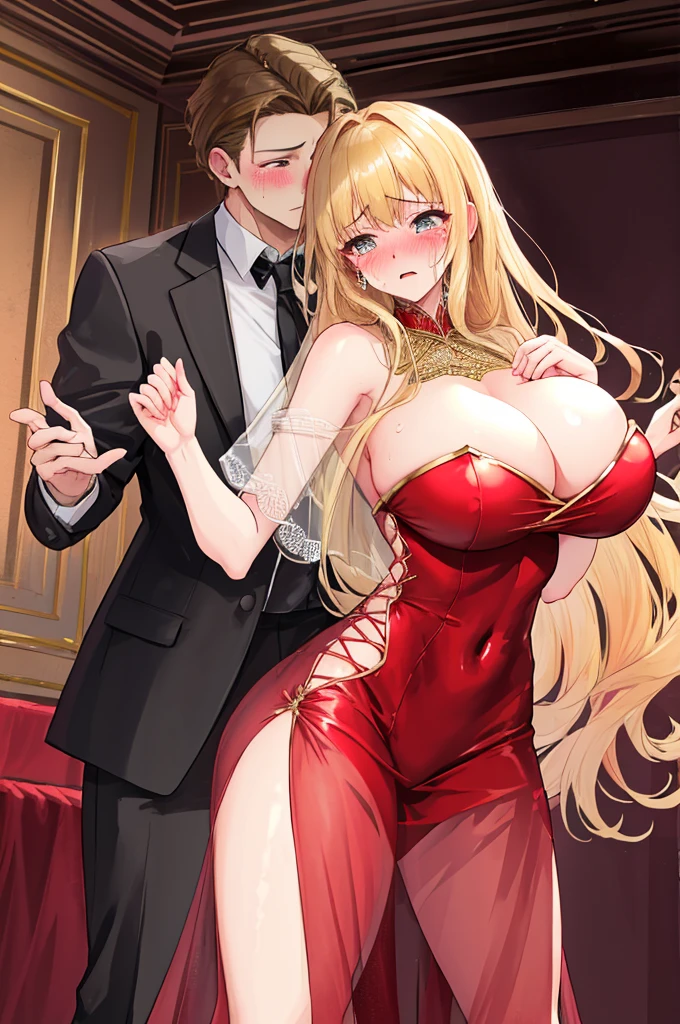A woman with big ,(Gorgeous woman),Gorgeous red Rococo dance dress,Long blond hair,Exquisite,Protruding lower chest,(transparent),(See-through clothes),(Blush:1.2),Fear,Tears,Prom,Dancing show,