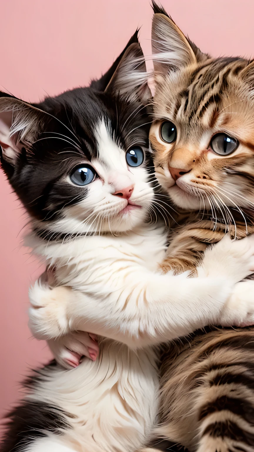 ２Two kittens hugging each other　fluffy　The cat fills the screen　Cupid&#39;s bow is placed　Cats are angels　On the bed　Highest quality　Photorealistic