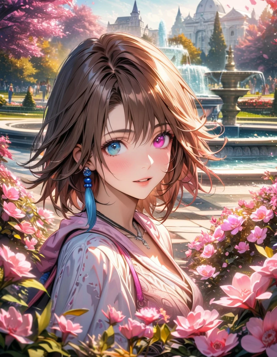 absurdres, highres, ultra detailed, HDR, master piece, ultra detailed picture, extremely detailed face and eyes, Yuna, brown hair, heterochromia, left eye blue, right eye green, Final Fantasy X, solo, woman, extremely beautiful, pink flowers, park, fountain, pink trees, pink butterflies