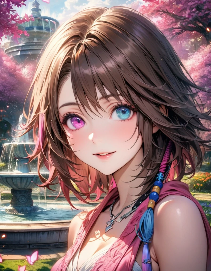 absurdres, highres, ultra detailed, HDR, master piece, ultra detailed picture, extremely detailed face and eyes, Yuna, brown hair, heterochromia, left eye blue, right eye green, Final Fantasy X, solo, woman, extremely beautiful, pink flowers, park, fountain, pink trees, pink butterflies