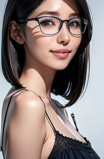 (masterpiece), (8k, best quality, high resolution), (ultra-detailed, realistic), (anatomically correct),
((face close-up)), (Standing), (No background),
(1woman), (looking at viewer),
(A Japanese woman, 30 years old and 155cm tall.),
(black hair), (straight hair), (short hair style), (bob cut), (hair behind ears),
(wear glasses), ((black cell frame glasses)),
((Wear a navy blue spaghetti strap dress)), (Mini length dress with simple design),
(Create a detailed image of the eye),
(Her impression is pure, clean and kind.),
((A captivating smile, just showing a few teeth.)),