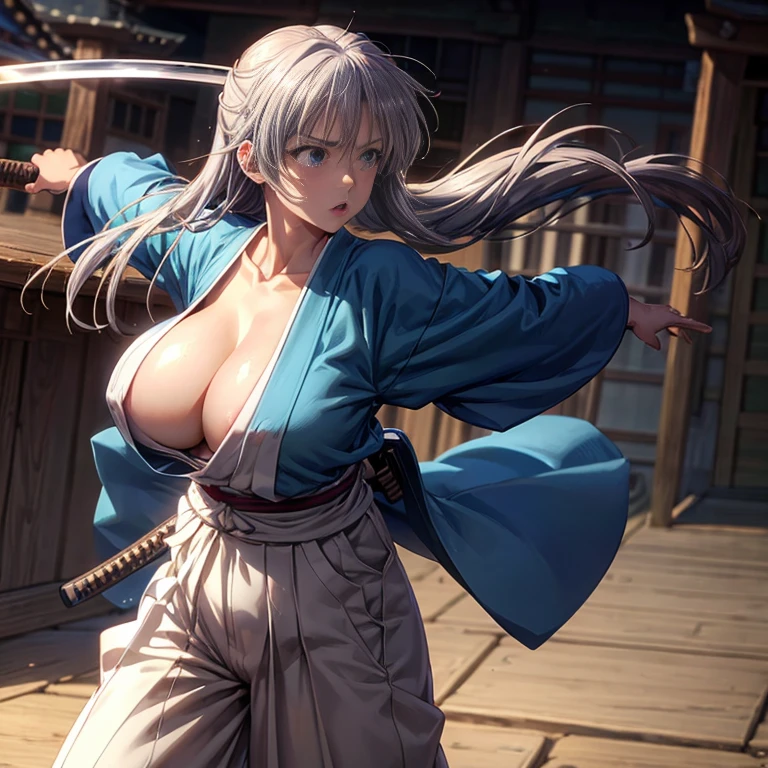 beautiful girl、Camel Toe、Giant tit、Nipple Puffs、Cleavage、Plump、Super big breasts、Super big butt、Rurouni Kenshin、Japanese sword、Draw your sword、Silver Hair、samurai、Swordsman、Haori、Hakama、moment