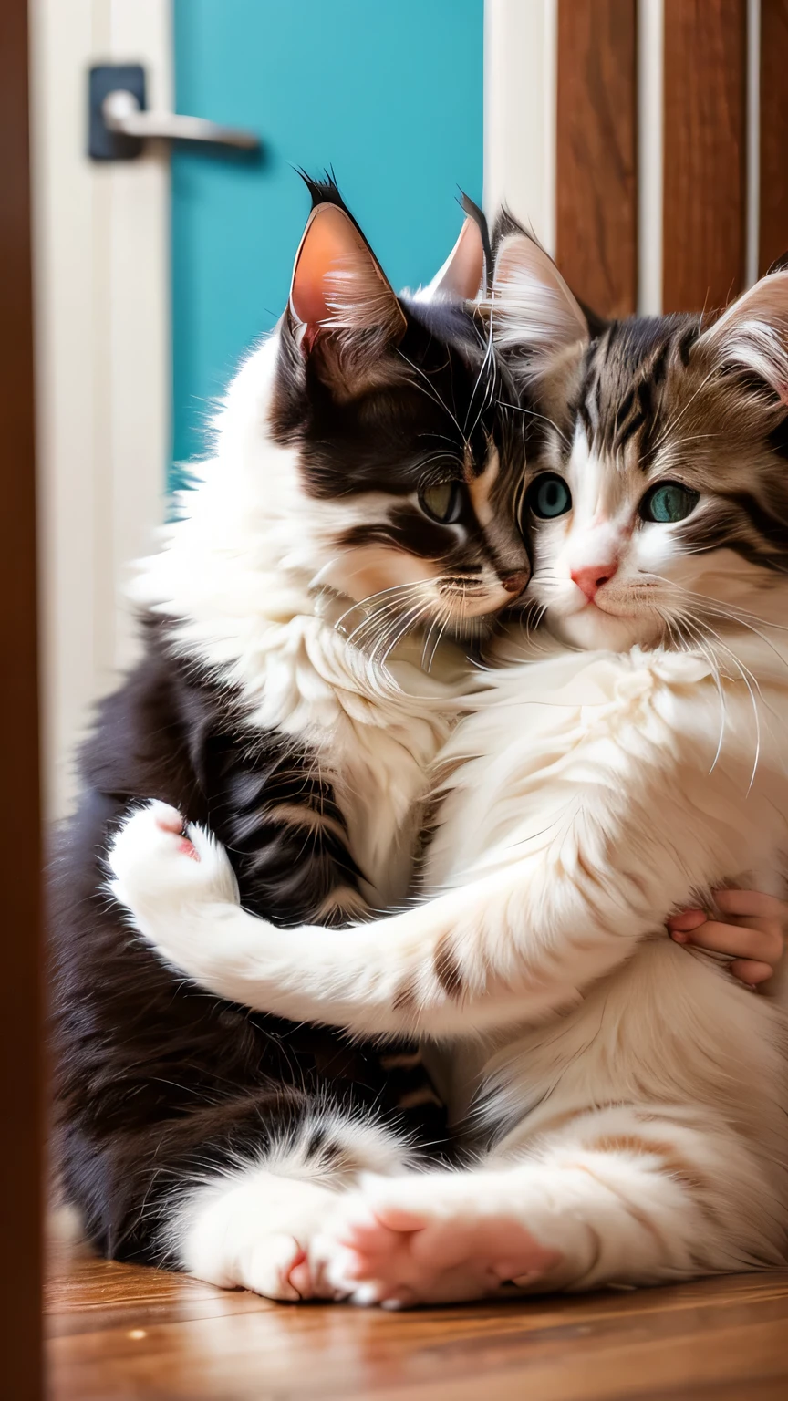 2Two kittens hugging each other fluffy The cat fills the screen Cupid's bow is placed Cats are angels On the bed Highest quality Photorealistic