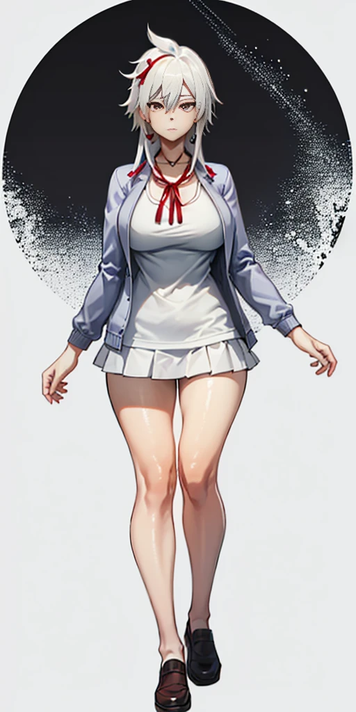 ((casual-style)), 1girl, solo, white hair, shirt, red ribbon, ribbon, looking at viewer, long hair, full body, white eyes, white shirt, grey eyes, hair between eyes, neck ribbon, collared shirt, cardigan, closed mouth, expressionless, jacket, simple background, frills, bangs, white background, long sleeves