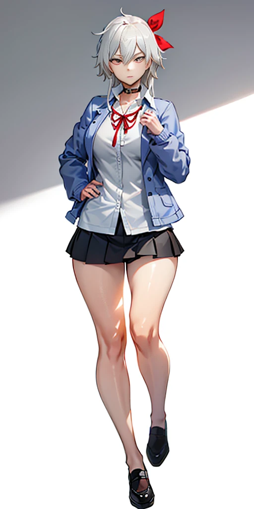 ((casual-style)), 1girl, solo, white hair, shirt, red ribbon, ribbon, looking at viewer, long hair, full body, white eyes, white shirt, grey eyes, hair between eyes, neck ribbon, collared shirt, cardigan, closed mouth, expressionless, jacket, simple background, frills, bangs, white background, long sleeves