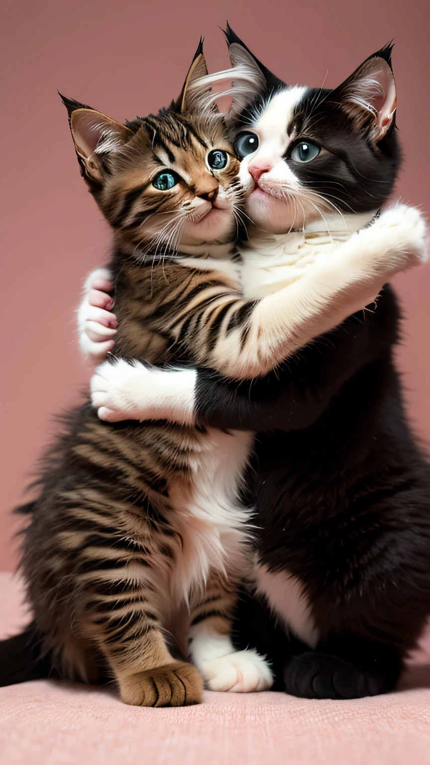 2Two kittens hugging each other fluffy The cat fills the screen Cupid's bow is placed Cats are angels On the bed Highest quality Photorealistic
