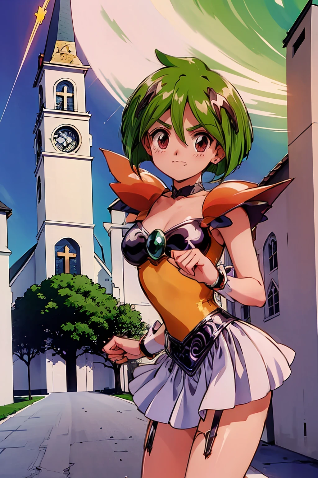 (masterpiece:1.3),(highest quality:1.4),(Super detailed:1.5),High resolution,Very detailed,unity 8k wallpaper,Official Art,Perfect Anatomy,(Anime screenshots:1.11),(90s Anime,90s Anime style,Cel-shaded anime:1.17),((alone:1.52)),
(1990s \(style\), retro artstyle:1.5),(anmnr:1.7),((Hinagiku_Tamano:1.52)),((Engel_Daisy:1.52)), short hair, skirt, jewelry, Green Hair, choker, Magical girl, Bridal Garter,(Open Mouth Smile:1.5),(church:1.6),Asahi,