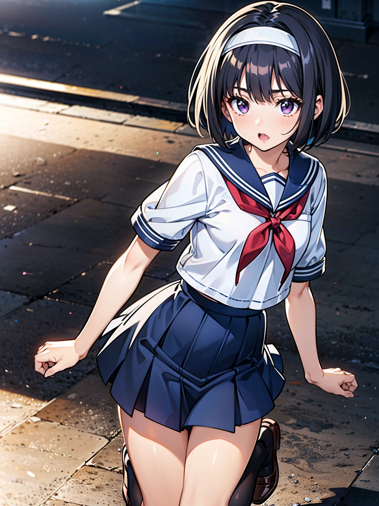 Body eight times longer than head, (Highly detailed CG Unity 8K), (highest quality)，(Very detailed)，(Ultra-high resolution), Black Hair, High school girl wearing a navy sailor suit, Anime 2D Rendering, Realistic young anime school girl, ((White headband)), Purple eyes, Small breasts, expensive, Slanted Eyes, (School Scene), Black Stockings, Bright colors, Please open your mouth a little, Dark Blue Skirt, Bobcut, Top-down position,  Raise your right leg, Jump, 