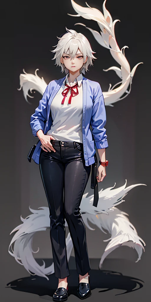 ((casual-style)), 1girl, solo, white hair, shirt, red ribbon, ribbon, looking at viewer, long hair, full body, white eyes, white shirt, grey eyes, hair between eyes, neck ribbon, collared shirt, cardigan, closed mouth, expressionless, jacket, simple background, frills, bangs, white background, long sleeves