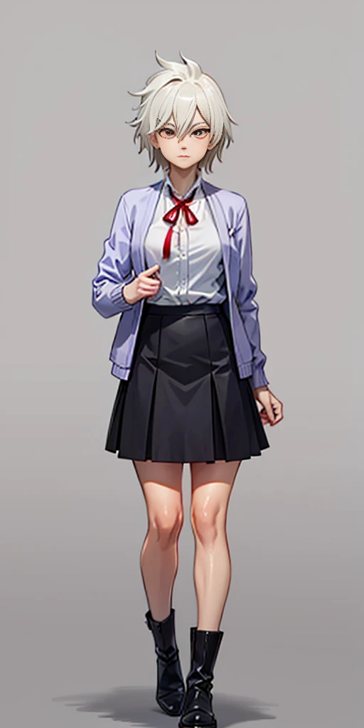 ((casual-style)), 1girl, solo, white hair, shirt, red ribbon, ribbon, looking at viewer, long hair, full body, white eyes, white shirt, grey eyes, hair between eyes, neck ribbon, collared shirt, cardigan, closed mouth, expressionless, jacket, simple background, frills, bangs, white background, long sleeves
