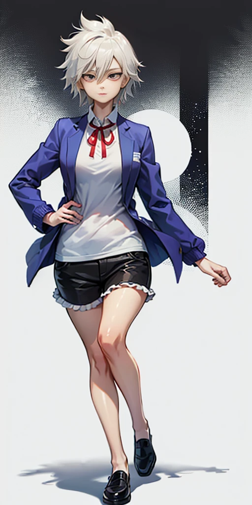 ((casual-style)), 1girl, solo, white hair, shirt, red ribbon, ribbon, looking at viewer, long hair, full body, white eyes, white shirt, grey eyes, hair between eyes, neck ribbon, collared shirt, cardigan, closed mouth, expressionless, jacket, simple background, frills, bangs, white background, long sleeves