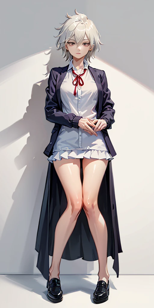 ((casual-style)), 1girl, solo, white hair, shirt, red ribbon, ribbon, looking at viewer, long hair, full body, white eyes, white shirt, grey eyes, hair between eyes, neck ribbon, collared shirt, cardigan, closed mouth, expressionless, jacket, simple background, frills, bangs, white background, long sleeves