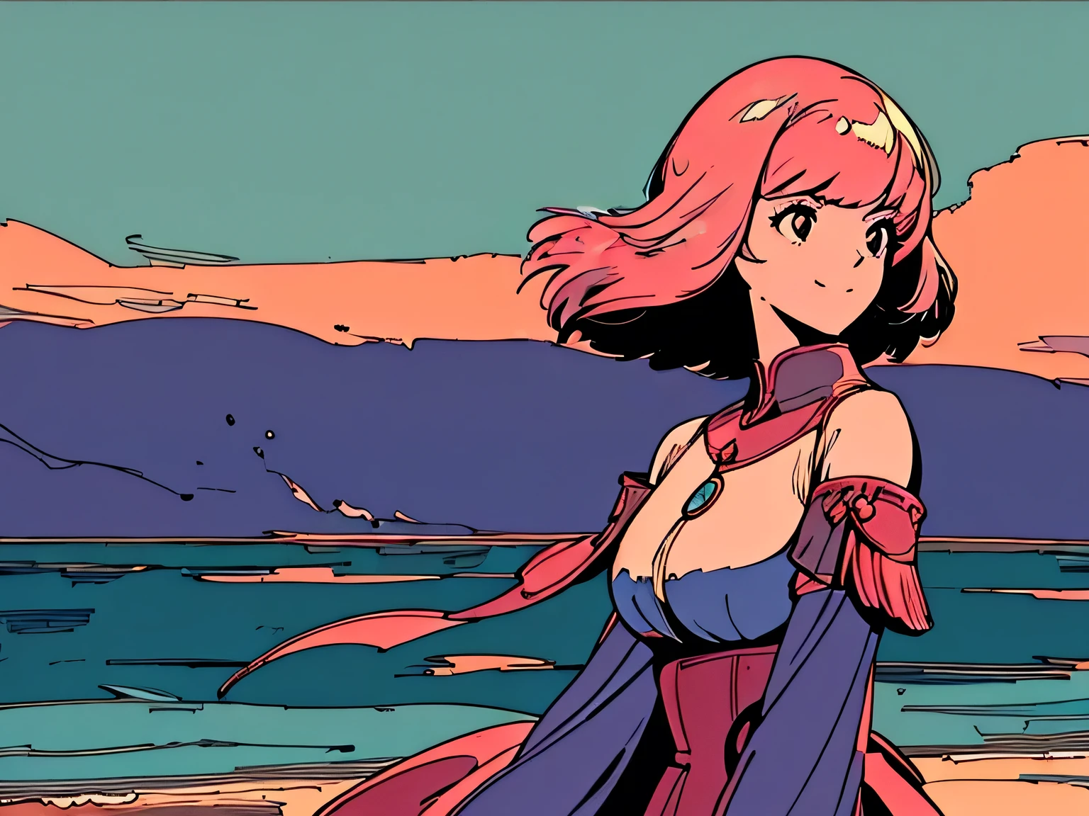 master piece, Europe, Pink Hair, fluffy bob cut, shoulder length, alone, Futuristic, yet, lofi, retro, dress, middle ages, Classicism, High resolution, ((ligit smile)), The wind is blowing, side shot, looking away, sunset,  high resolution, High resolution, side shot