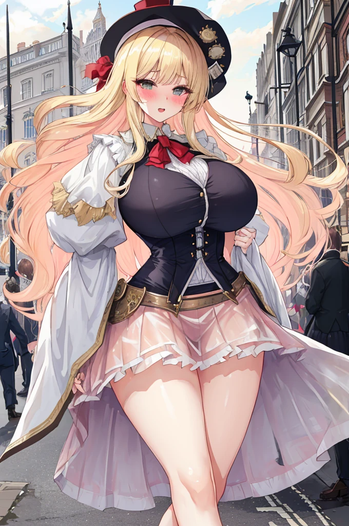 A woman with big ，(Gorgeous woman)，ahegao，Expose，Victorian style，Flowing fabric，Short skirt，Long blond hair，((Transparent Clothes))，(Blush:1.2)，Slender legs，Smooth legs，On the streets of London，