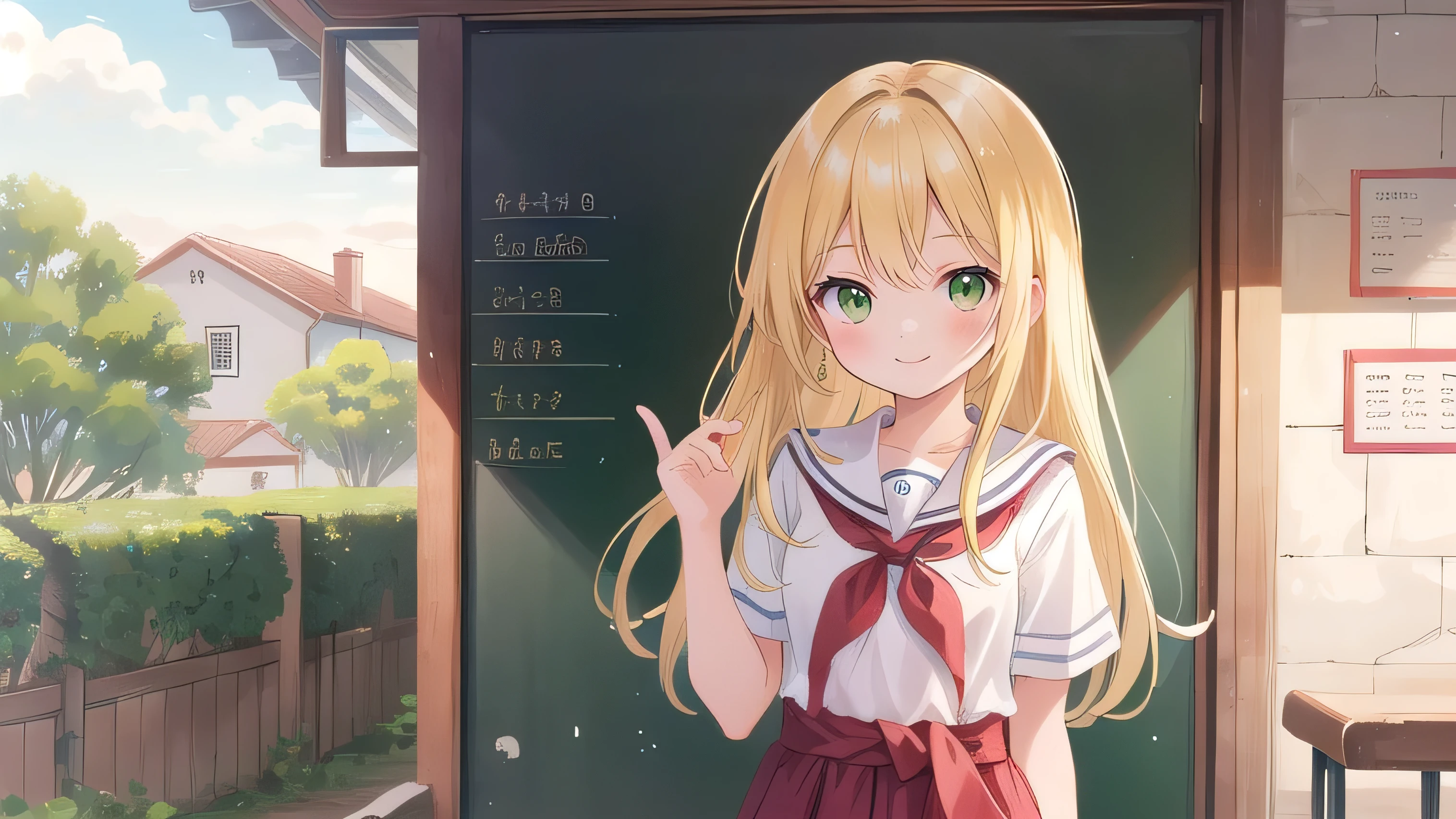 blonde, Primary school students, Green Eyes, Waist-length hair, Primary school students, A kind smile, short, 9 years old, Height 135cm, Hair hanging down outside,Satin Mosque