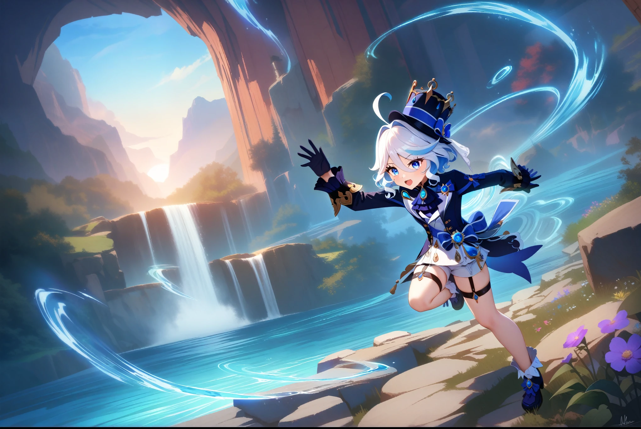 FURINA (Genshin Impact), heterochromia, hat, blue hair, blue eyes, ascot, brooch, long sleeves, jacket, blue bow, gloves, white shorts, thigh strap,
(standing on rocky ledge, body angled in dynamic hydro stance:1.4), (swirling currents of water energy spiraling around her:1.6), (aura of magical hydro energy emanating from her body:1.4), (casting hydro elemental magic:1.2),
Backdrop of majestic waterfall cascading into serene pool, colorful flower beds blooming beside waterfall, vibrant foliage, mossy boulders, carved stone shrines or structures showing hydro elemental motifs, scenic vista of distant mountains, few puffy clouds in blue sky, warm golden sunlight filtering through trees,
(cinematic camera angle from slightly elevated side perspective:1.2), (dynamic splashartcomposition with main character framed by waterfall:1.4),
(masterpiece:1.2), (best quality:1.2), (ultra-detailed:1.3), (8k resolution:1.1), (highly realistic:1.2),
(dramatic lighting:1.1), (volumetric shadows:1.1), (vivid color palette:1.2), (elegant composition:1.0), (dynamic splash art:1.0), (cinematic camera angle:1.1), (storytelling scene:1.2),