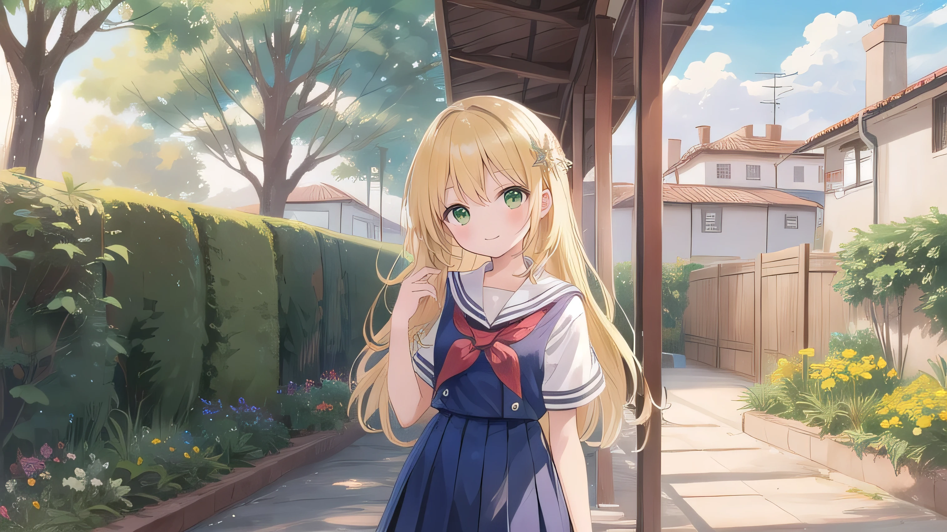 blonde, Primary school students, Green Eyes, Waist-length hair, Primary school students, A kind smile, short, s old, Height 135cm, Hair hanging down outside,Satin Mosque