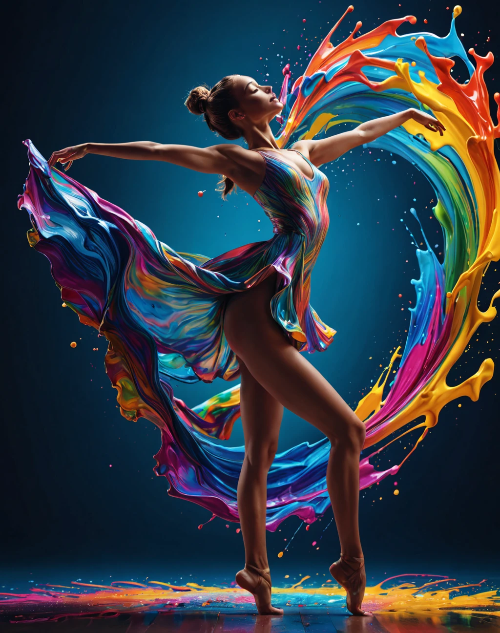 splash of paint, A distortion of reality, hyperrealistic, conceptual art, full body shot, intricately detailed, depth of color, dramatic, female body of a dancer, side light, colorful background objects that warp, melt, float, bend, twist and stretch, sharp image, 4k, 8k, dynamic, cinematic, detailed and intricate lighting