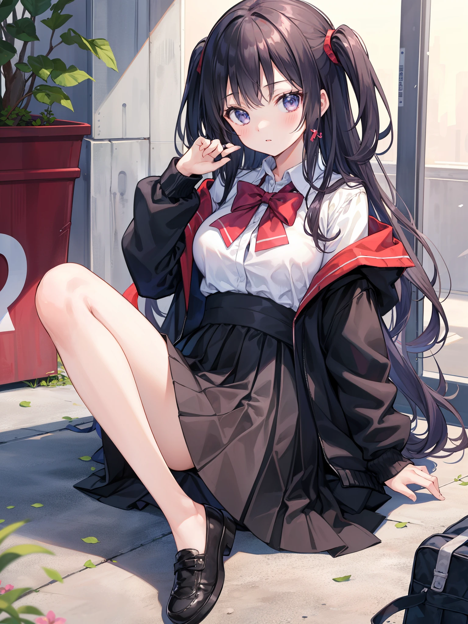 ((masterpiece, High resolution, highest quality:1.4, breathtaking, super detailed)), (A strong light shines on her、while darkening everything else、cute woman in town), perfect feet, serafuku, night, street light, sitting, spreading my legs