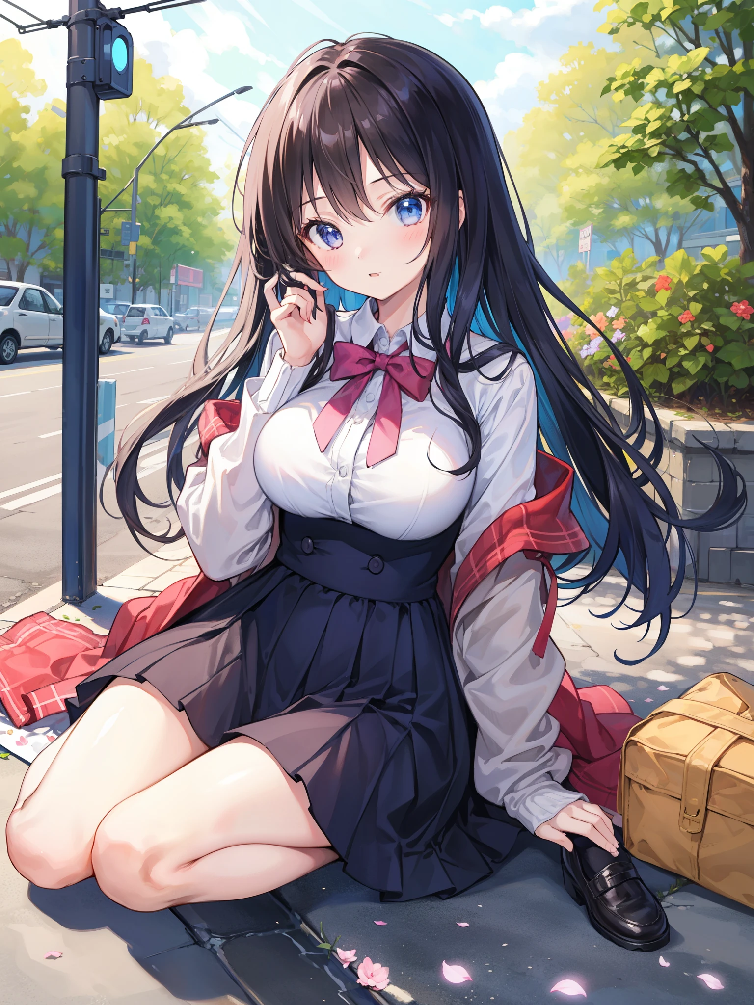 highest quality、masterpiece、One Girl、cute、Busty High School Girl、On the ground,Knee Up、Kamimei、Look at me、