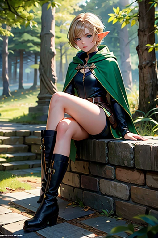 (masterpiece), best quality, expressive eyes, androgynous, stoic expression, elf, heterochromia, green and blue eyes, brown hair, blonde highlights, pixie cut, beautiful features, strong nose, leather chest guard, green cloak, small breasts, muscular legs, thigh gap, patterned cloak, cloak with hood, bow, archer, in forest, honeybees, short shorts, spandex shorts, leather boots, high, boots, sitting on floor