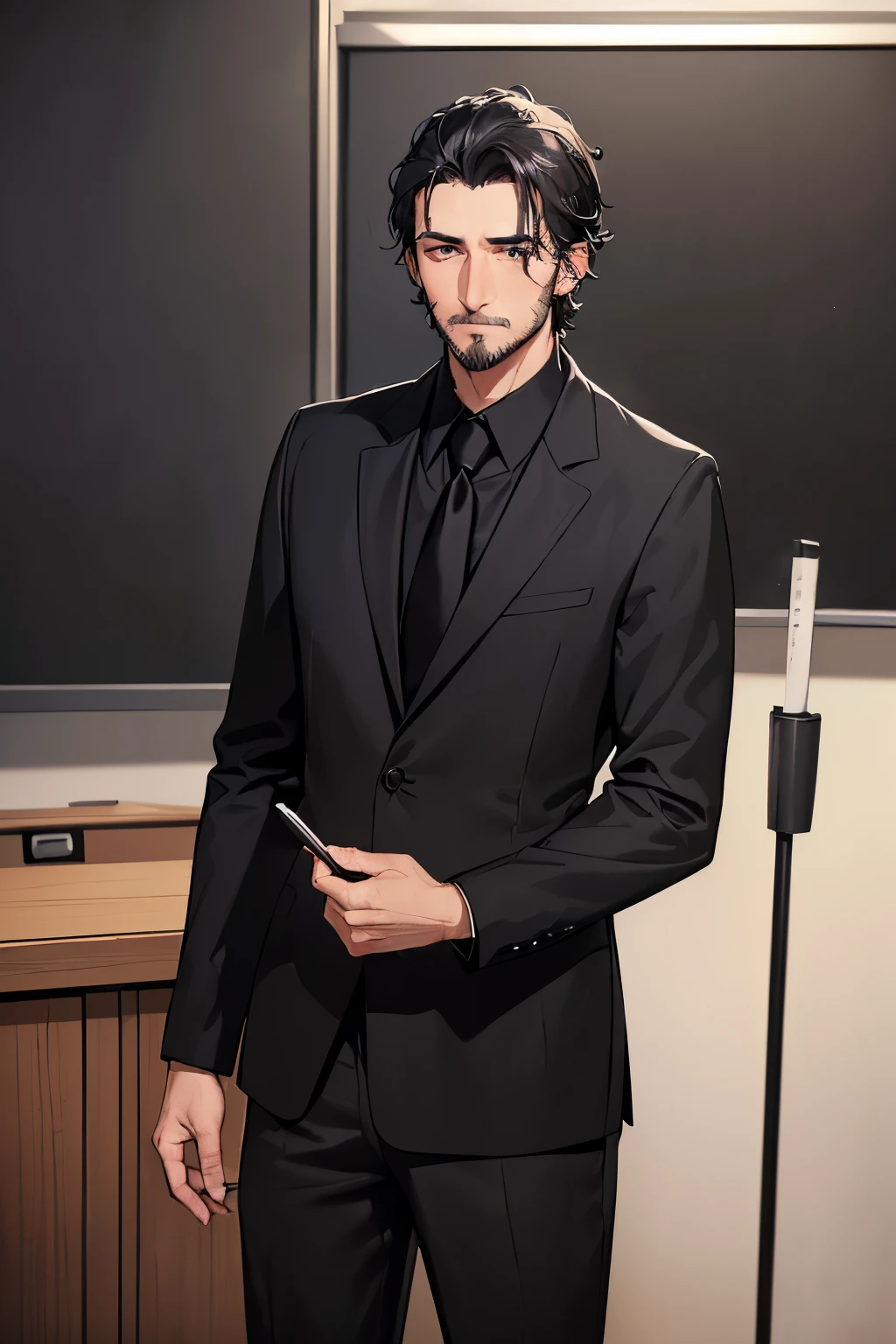 ((best quality)), ((masterpiece)), ((detailed)), (((perfect faces))), (((40yo attractive man in black suit, black shirt))), (((blank expression))), (((black hair))), (((stubble))), (((((standing behind desk))))), (((wall in background)))