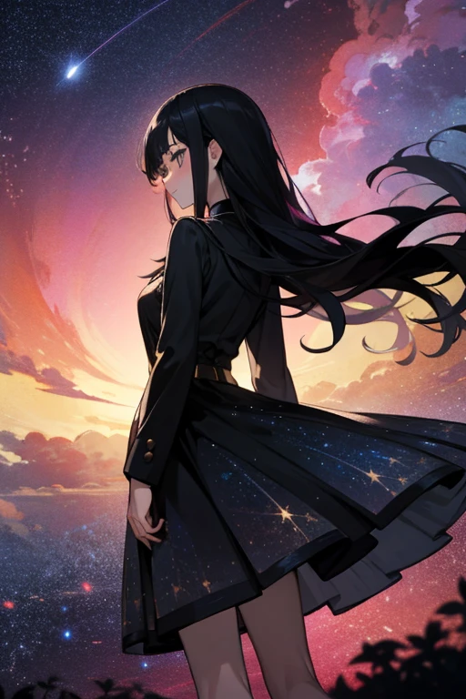 A 17-year-old girl wearing a dress with a fantastic starry sky design, Long sleeve, Dark, Voluminous Skirt, Black Hair, long hair, Dark Eyes, Turn around, I can't show my face, Face with shadow, Realistic starry sky fantasy background, shooting star, stars rain down, Meteors, kind, beautiful, mysterious, Halo, Backlight, Retrograde