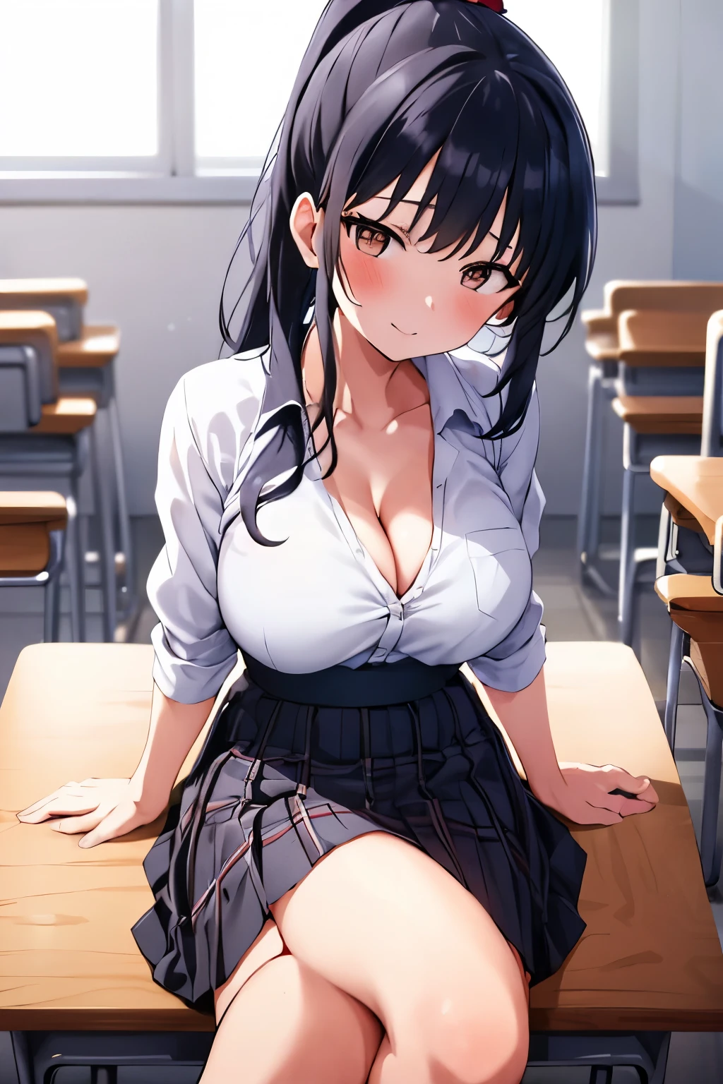 1girl, alone, Anna Yamada, big breasts, medium waist, wide hips, medium thighs, ponytail, black hair, plaid, long hair, alone, brown eyes, blush, bangs, closed mouth, bare shoulders, white shirt, cleavage ,blue skirt, interior, school classroom, sitting at table, legs open, top quality, high resolution, perfect anatomy, perfect hands,