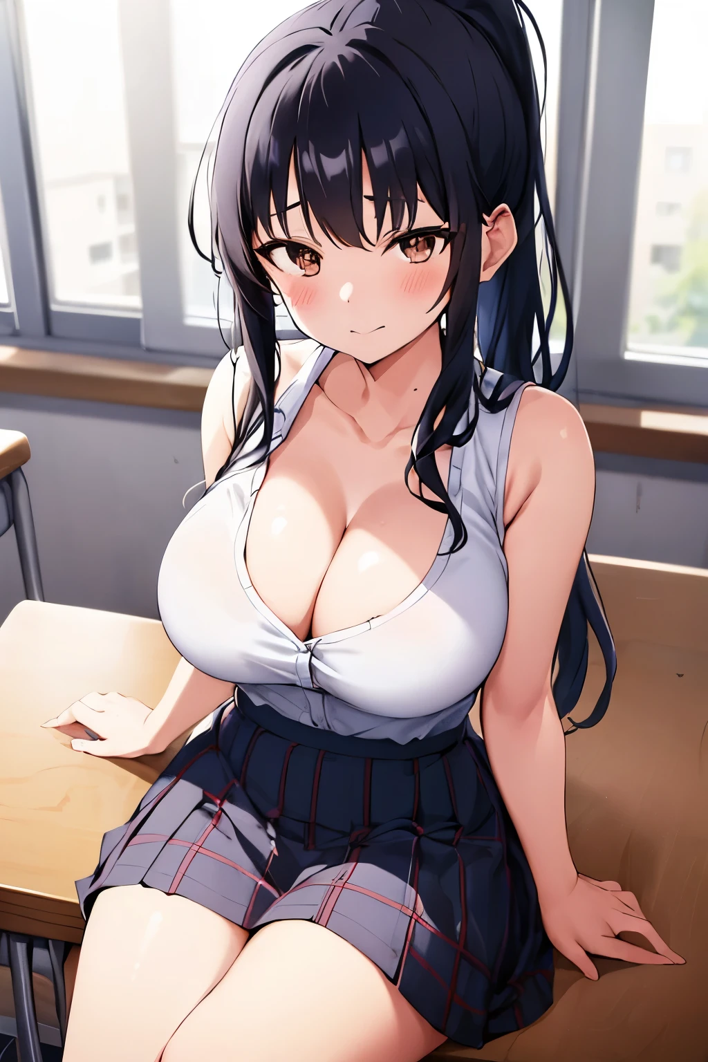 1girl, alone, Anna Yamada, big breasts, medium waist, wide hips, medium thighs, ponytail, black hair, plaid, long hair, alone, brown eyes, blush, bangs, closed mouth, bare shoulders, white shirt, cleavage ,blue skirt, interior, school classroom, sitting at table, legs open, top quality, high resolution, perfect anatomy, perfect hands,