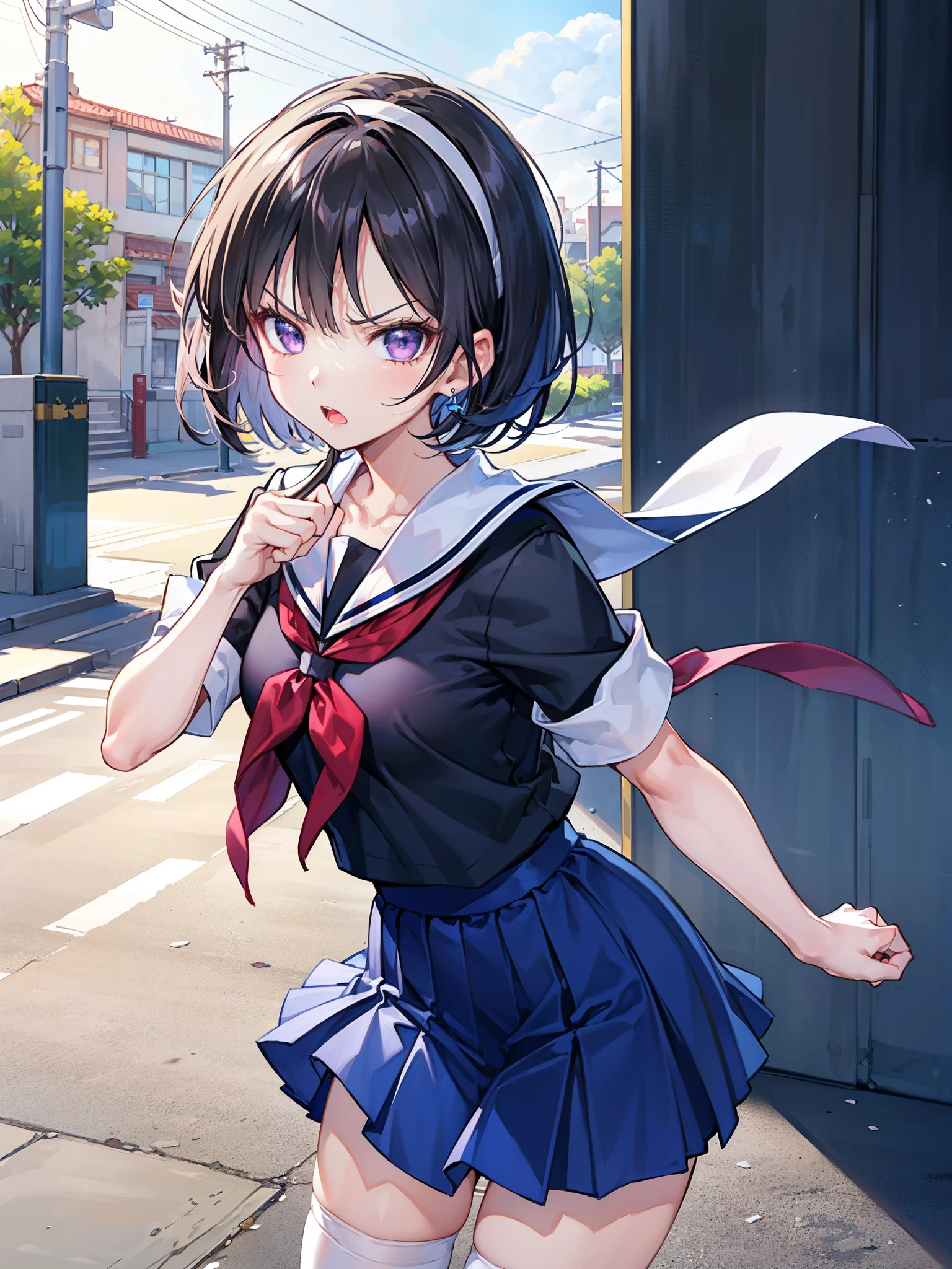 Body eight times longer than head, (Highly detailed CG Unity 8K), (highest quality)，(Very detailed)，(Ultra-high resolution), Black Hair, High school girl wearing a navy sailor suit, Anime 2D Rendering, Realistic young anime school girl, ((White headband)), Purple eyes, Small breasts, expensive, Slanted Eyes, (School Scene), Black Stockings, Please open your mouth a little, Dark Blue Skirt, Bobcut, Top-down position, Angry face, fist, Attacking the Opponent&#39;s chest with your fist, 