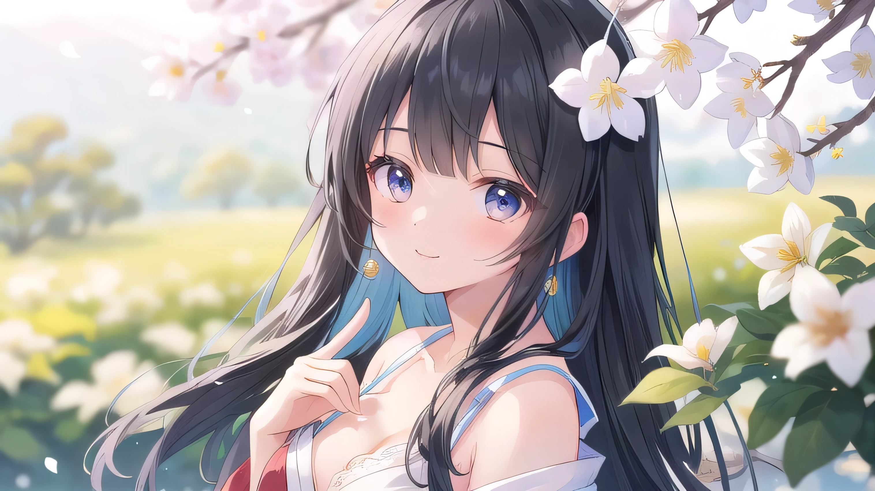 Normal of chest、masterpiece、8K wallpapers incorporating detailed CG、Two girls and two boys、、Baby Face、bemile、、Genuine、Blurred、Blurred_background、Blurred_prospect、branch、Plum offlower、depth_of_Field、flower、gem、nose、Realistic、pale black hair、alone、Shrine maiden costume、Hide your fingers、Hide your arms、Just put on a bra、whole body、Long Hair、Straight bangs、