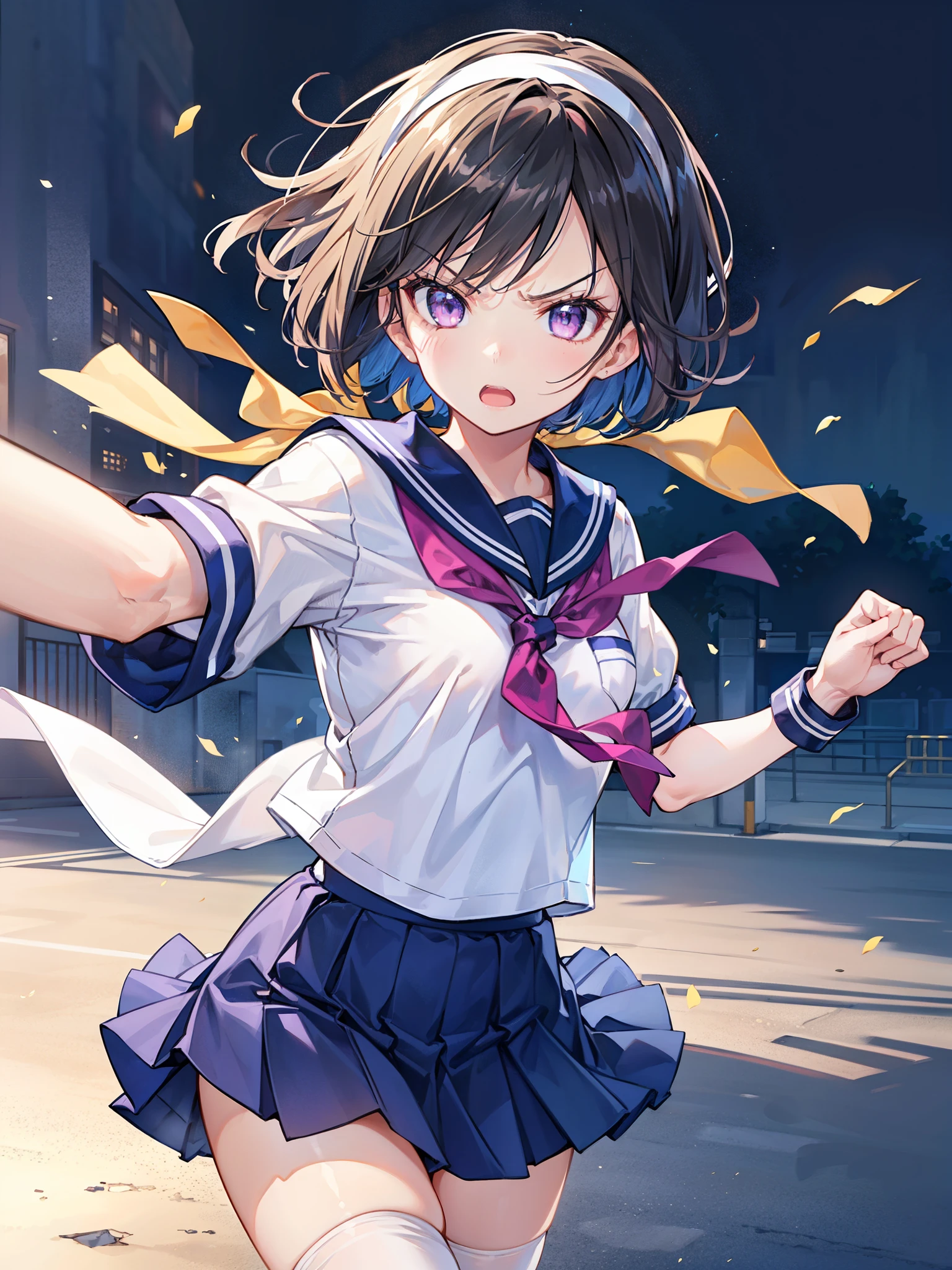 Body eight times longer than head, (Highly detailed CG Unity 8K), (highest quality),(Very detailed),(Ultra-high resolution), Black Hair, High school girl wearing a navy sailor suit, Anime 2D Rendering, Realistic young anime school girl, ((White headband)), Purple eyes, Small breasts, expensive, Slanted Eyes, (School Scene), Black Stockings, Please open your mouth a little, Dark Blue Skirt, Bobcut, Top-down position, Angry face, fist, Attacking the Opponent's chest with your fist,