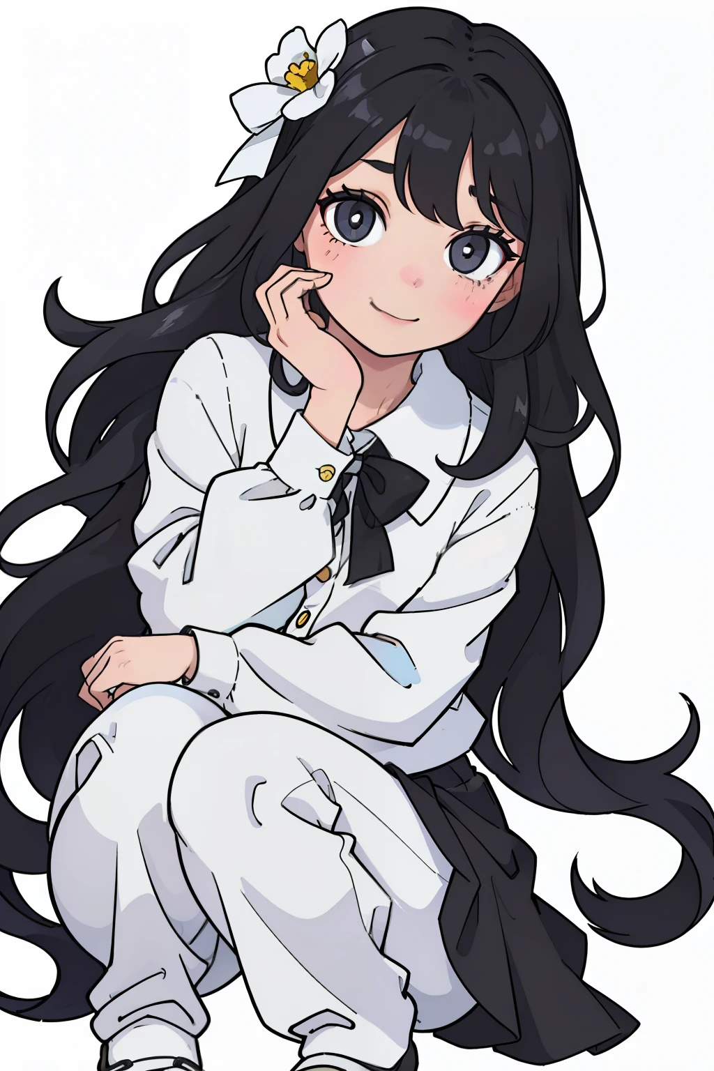 A charming young girl with oversized, captivating eyes and a  cherry mouth that barely curves into a smile rests her fleshy cheeks on the palms of her hands, curled up in a squatting position on the white, pristine background. Her jet black hair cascades around her face in soft waves, framing her features and adding to her cuteness. She dons a yellow baby doll collar shirt, adorned with delicate lace, that contrasts beautifully against her fair complexion. The shirt is tucked neatly into tightly fitted, white suit pants that cinch at the waist and reach down to her ankles. Accenting her outfit, she sports small, black leather