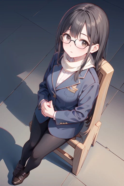 Solo Girl, High angle, 16 years old, Long Hair, Black-rimmed glasses, View your viewers, Looking up, Black Hair, Brown eyes, Mid-chest,Fluffy scarf,Wearing a uniform, Wearing a blazer, Wearing leather shoes, highest quality, High resolution, Very detailed, Detailed Background, Perfect lighting